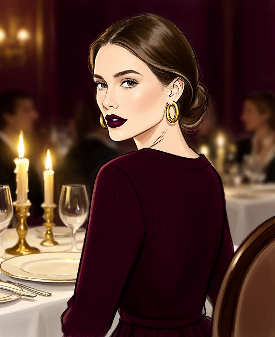 A woman in a deep red dress at a candlelit dinner table