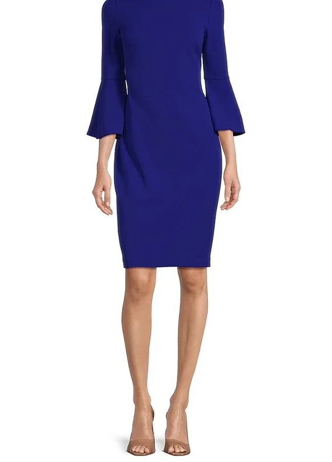 Calvin Klein Scuba crepe dress with chiffon bell sleeves, worn